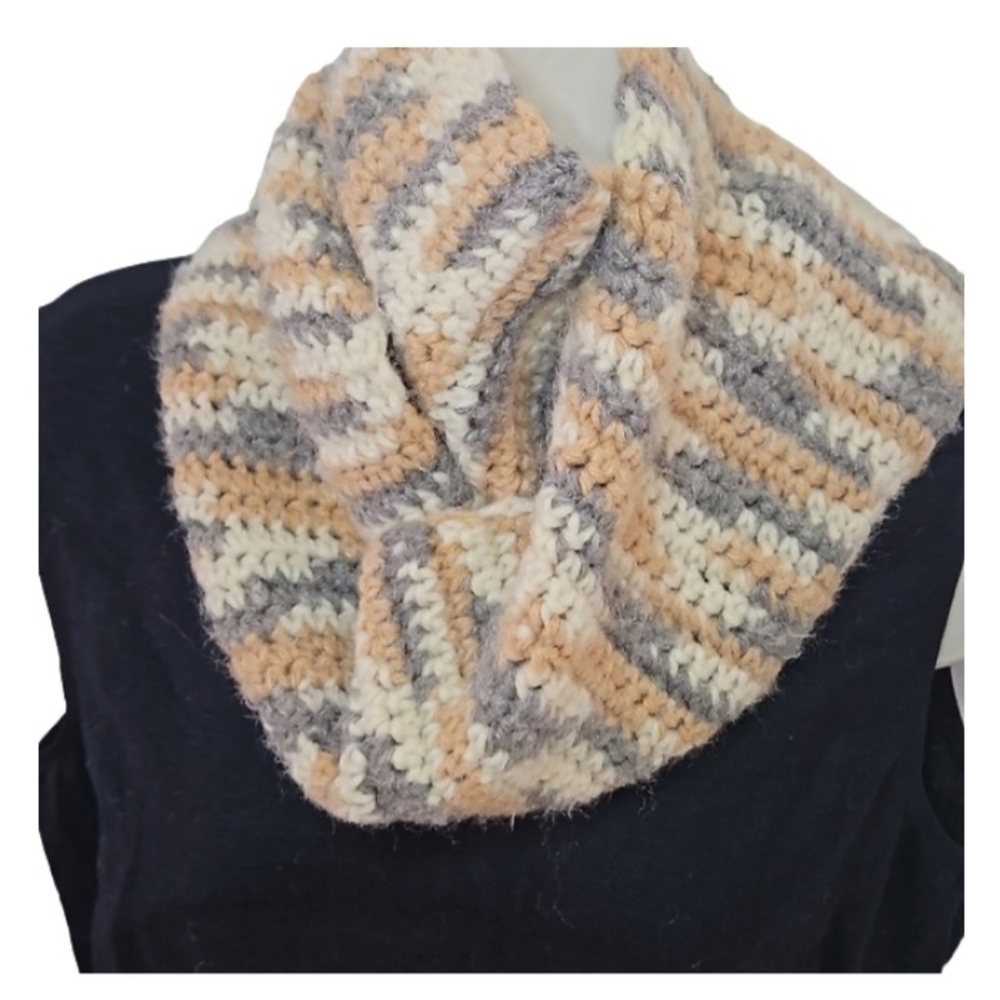Handmade Crochet Scarf Gray Cream  Brown Upcycled Eco-Friendly Hand Knit Artisan - Picture 5 of 17